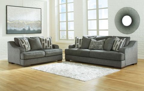 Ashley Furniture Living Room Set | Cabinets Matttroy with Monterey Beach Beige Fabric 95" 3 Piece Sofa Loveseat & Oversized Arm Chair Set