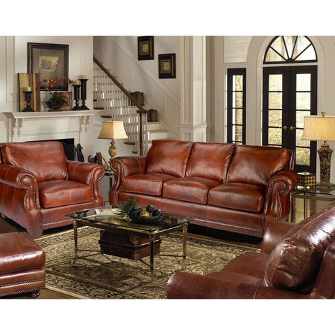 Bristol Top-Grain Vintage Leather Craftsman Living Room Set - Sam's ... with regard to Ian Saddle Brown Leather 4 Piece Living Room Set
