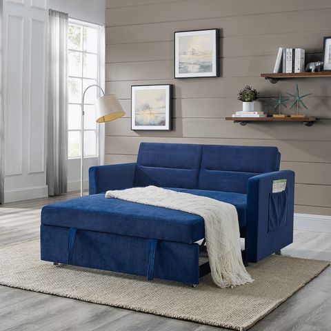 Ebern Designs Kaspian 54.5'' Velvet Sleeper | Wayfair regarding Monterey Beach Beige Fabric 3 Piece 86" Queen Memory Foam Sleeper Sofa Bed Oversized Arm Chair & Ottoman Set