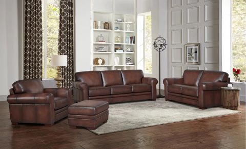 Eglinton Brown Leather 4 Piece Living Room Set with Ian Saddle Brown Leather 4 Piece Living Room Set