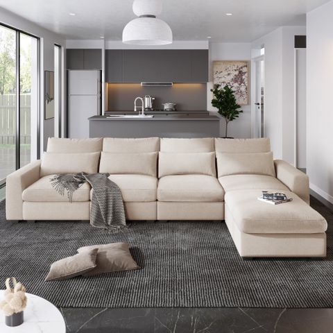 "Euroco 130"" Comfortable Sectional Couch, Modern Linen-Feather Filled ... throughout Ottoman Essentials Enhancing Comfort and Functionality in Your Living Space