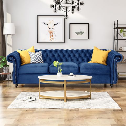 Noble House Aaniya Tufted Velvet Sofa, Navy Blue, Dark Brown - Walmart ... with regard to Lyric Navy Blue Velvet Fabric 5 Piece Living Room Set With Modular Sofa And Loveseat