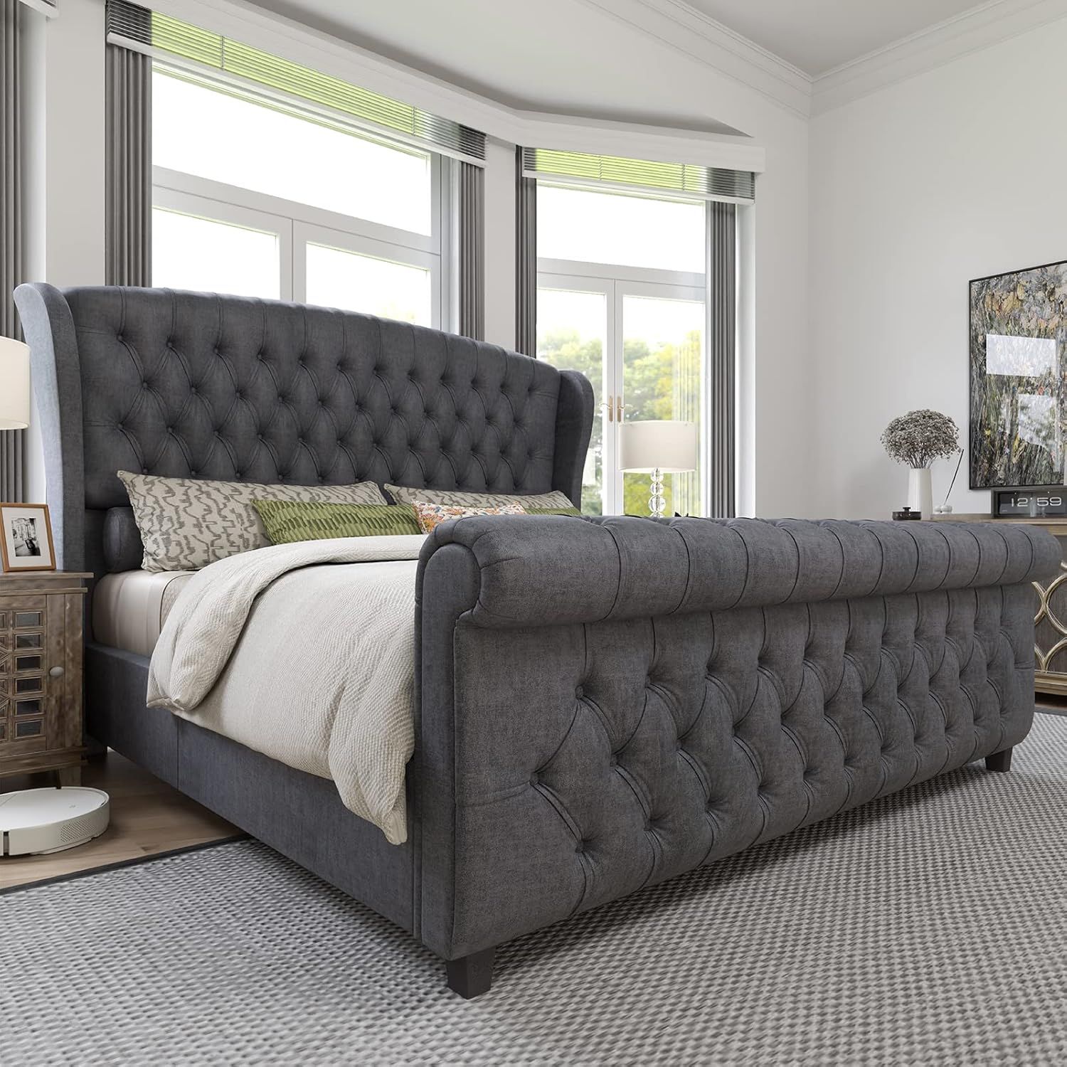 Amazon.com: Amerlife King Size Platform Bed Frame, Velvet Upholstered ... inside  Sleigh