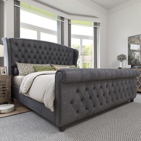 Amazon.com: Amerlife King Size Platform Bed Frame, Velvet Upholstered ... inside Sleigh