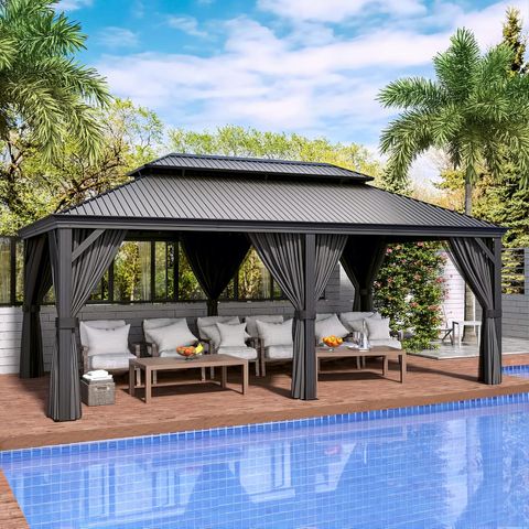 Amazon.com : Happatio 12' X 20' Hardtop Gazebo, Outdoor Aluminum Frame ... regarding Aluminum Patio Gazebo With Double Roof