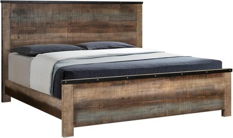 Amazon.com: Plank Style Rustic Queen Bed With Metal Edge Multicolor ... with Campbell 2 Piece Kitchen Set Multi-Color Engineered Wood