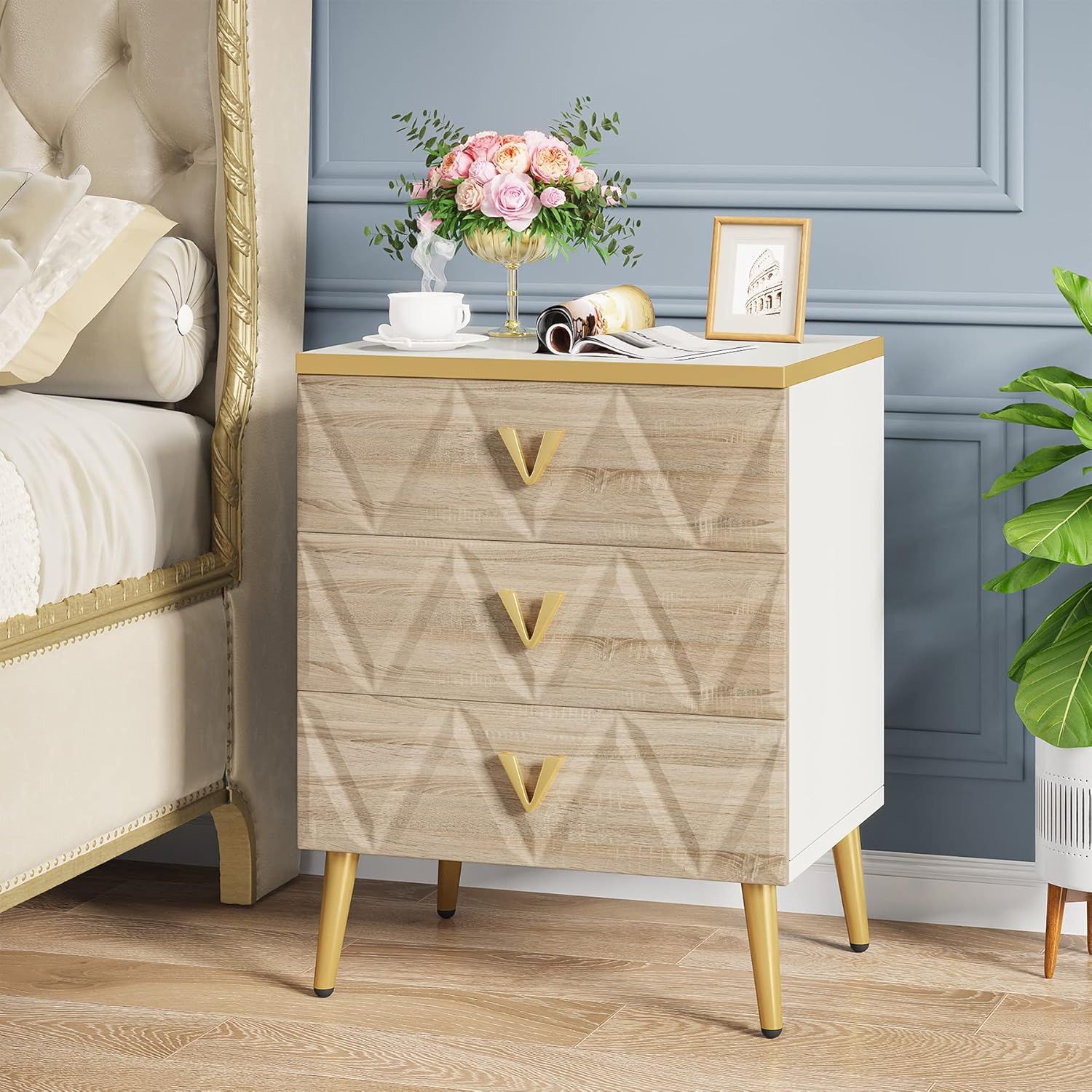 Amazon.com: Tribesigns 3-Drawer Nightstand, Luxury Bedside Table End ... with regard to  Panel