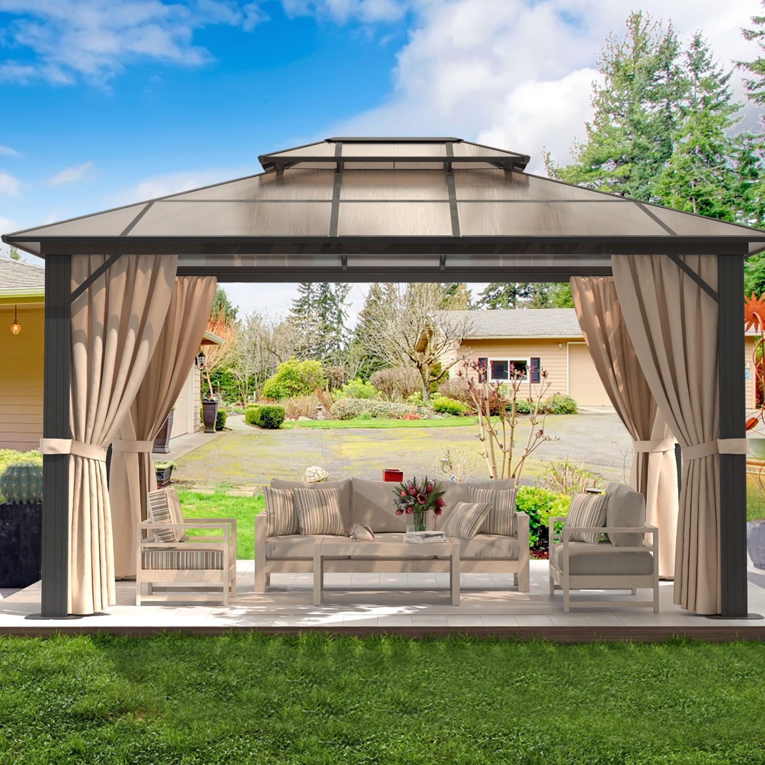 Aoxun 10'X13' Hardtop Gazebo, Outdoor Polycarbonate Double Roof Canopy ... inside Aluminum Patio Gazebo With Double Roof
