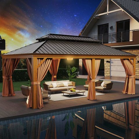 Arlmont & Co. Hironobu 20Ft. W X 12Ft. D Outdoor Cedar Framed Gazebo ... within Hironobu 20Ft. W X 12Ft. D Outdoor Cedar Framed Gazebo With Steel Hardtop Permanent Wooden Finished Pavilion