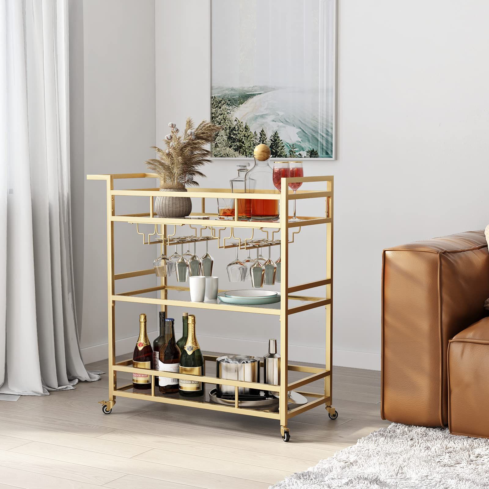 Auction Detail in Benzara Bm194349 Serving Cart, Wooden Shelves, Wine Bottle Holder, Brown/Gray