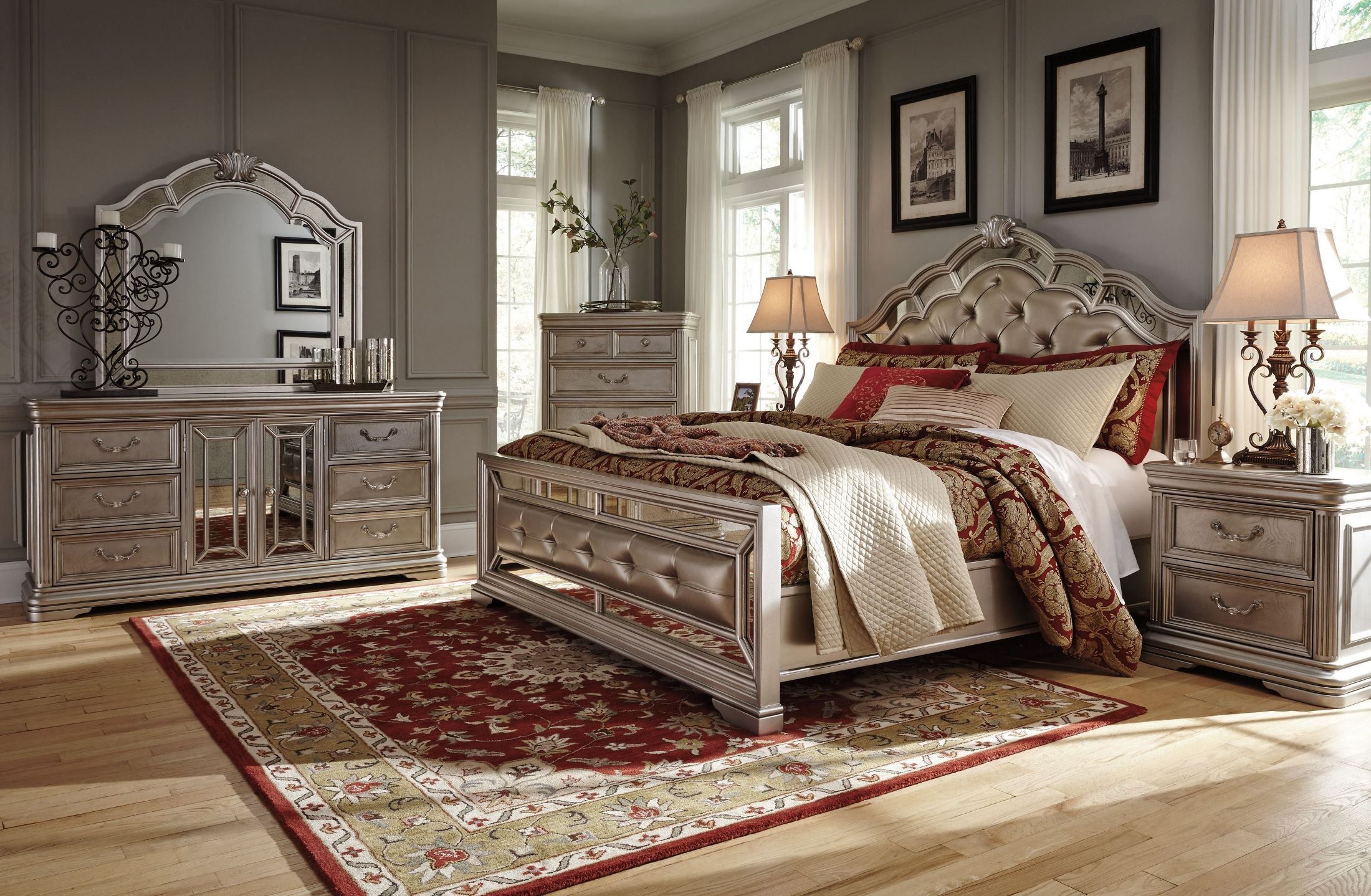 Birlanny Silver Upholstered Panel Bedroom Set, B720-57-54-96, Ashley for Voyage Natural King Wood &amp; Upholstered Panel 3 Piece Bedroom Set With 2 2-Drawer Nightstands By Nate Berkus + Jeremiah Brent