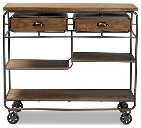 Bouck Rustic Industrial Oak Brown Wood And Black Metal 2-Drawer Kitchen ... throughout A Closer Look at Bouck Rustic Industrial Oak Brown Wood Kitchen Cart Features