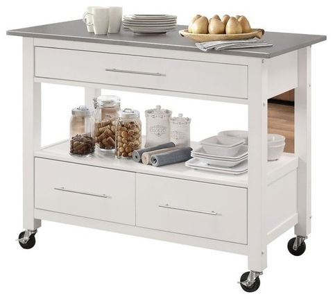 Bowery Hill Contemporary Wood/Stainless Steel Kitchen Island In White ... regarding The Ultimate Guide to Choosing the Right Kitchen Cart for Your Needs