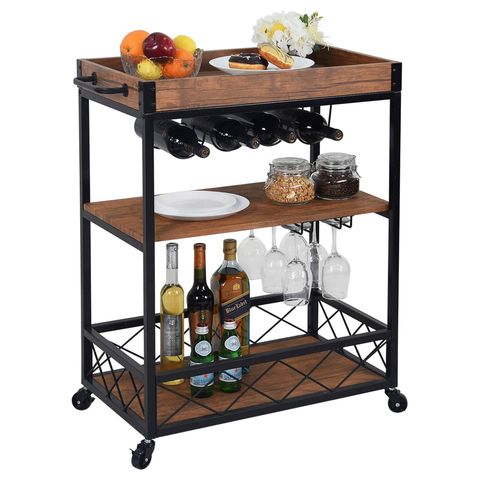 Buy Charavector Bar Carts For Home, Rolling Bar Serving Cart With Wine ... for Benzara Bm194349 Serving Cart, Wooden Shelves, Wine Bottle Holder, Brown/Gray