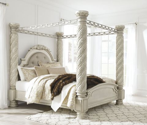 Cassimore Pearl Silver Wood Poster Canopy Bed (King) pertaining to Voyage Natural King Wood & Upholstered Canopy 3 Piece Bedroom Set With 2 2-Drawer Nightstands By Nate Berkus + Jeremiah Brent