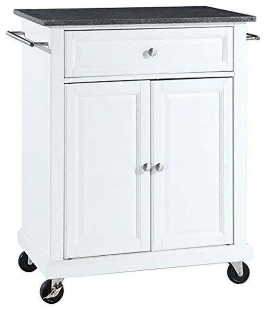 Catania Modern Black Granite Top Portable Kitchen Cart In White ... for Catania Island vs. Fixed Island: Determining the Best Fit for Your Kitchen
