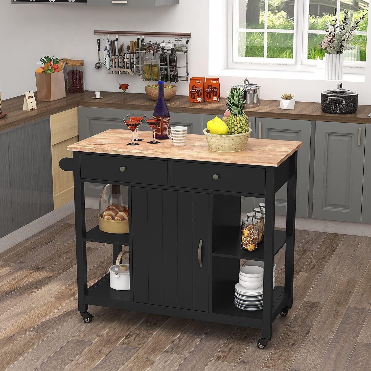 Choochoo Kitchen Islands On Wheels With Wood Top, Utility Wood Movable ... with regard to Black And Natural 36&quot; Kitchen Island With Storage