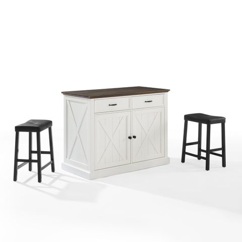 Clifton Kitchen Island With Uph Saddle Stool - Kitchen Island & 2 ... with Bartlett Wood Top Kitchen Island W/Uph Square Stools