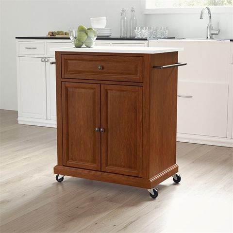 Crosley Compact Kitchen Granite Top Kitchen Cart In Cherry | Homesquare within Compact Granite Top Kitchen Cart, Mahogany/White