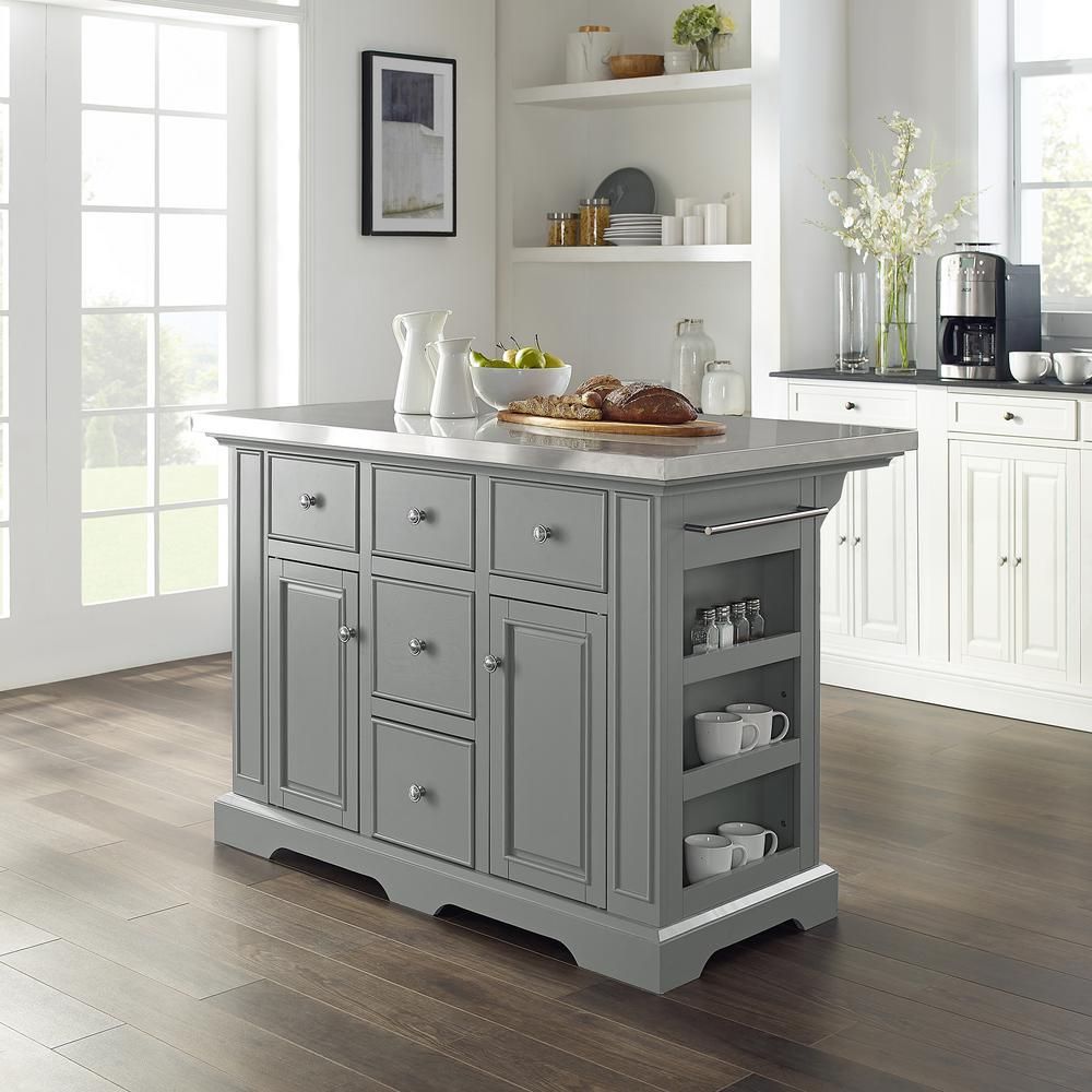 Crosley Furniture Julia Gray Kitchen Island With Towel Rack Kf30025Agy ... throughout Classic Kitchen Island, Deep Gray Frame With Side Shelves &amp; Distressed Oak Top