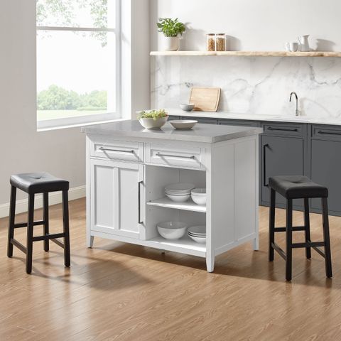 Crosley Furniture Silvia 3-Piece Wood Kitchen Island With Saddle Stools ... intended for Bartlett Wood Top Kitchen Island W/Uph Square Stools
