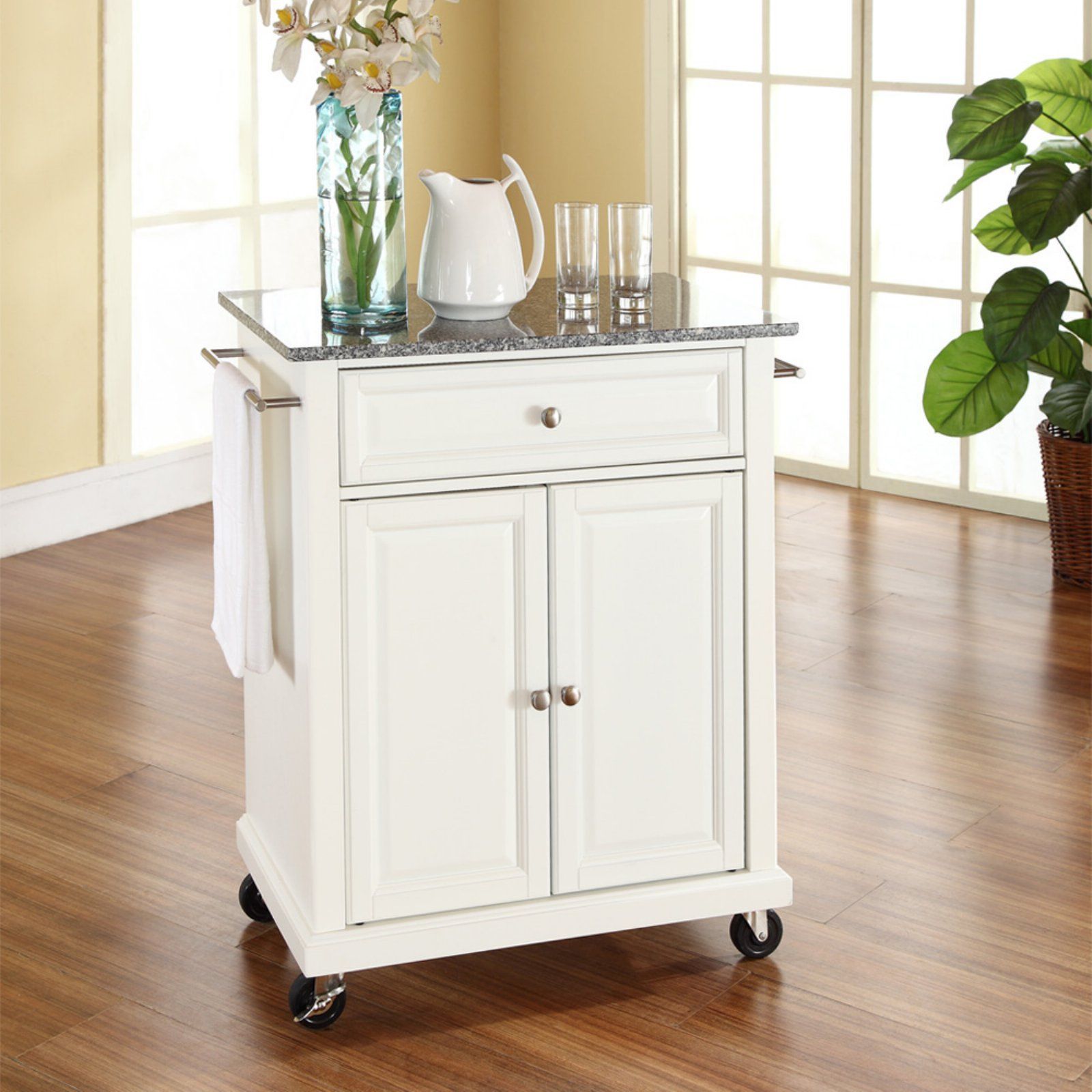 Crosley Solid Granite Top Portable Kitchen Cart/Island | White Kitchen ... inside Catania Modern Gray Granite Top Portable Kitchen Cart In White
