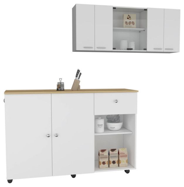 Depot E-Shop Tigard 2-Piece Kitchen Set, Island &amp; Upper Wall Cabinet ... in Austin 2-Piece Kitchen Set, Upper Wall Cabinet &amp; Kitchen Island, White/Walnut