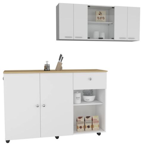 Depot E-Shop Tigard 2-Piece Kitchen Set, Island & Upper Wall Cabinet ... in Austin 2-Piece Kitchen Set, Upper Wall Cabinet & Kitchen Island, White/Walnut