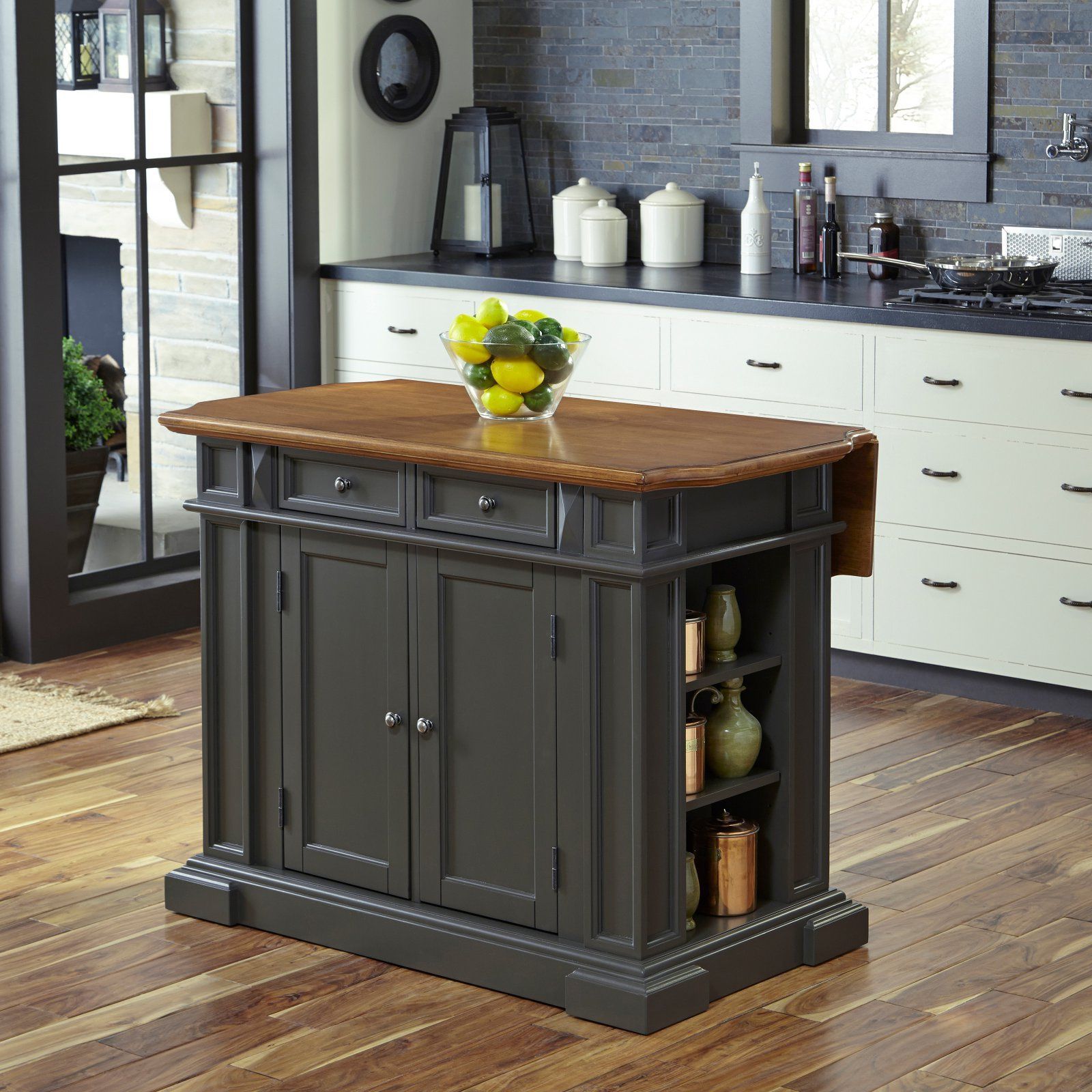 Dimensions (Drop Leaf Down): 48W X 26D X 36H In.. Dimensions (Drop Leaf ... with regard to Classic Kitchen Island, Deep Gray Frame With Side Shelves &amp; Distressed Oak Top