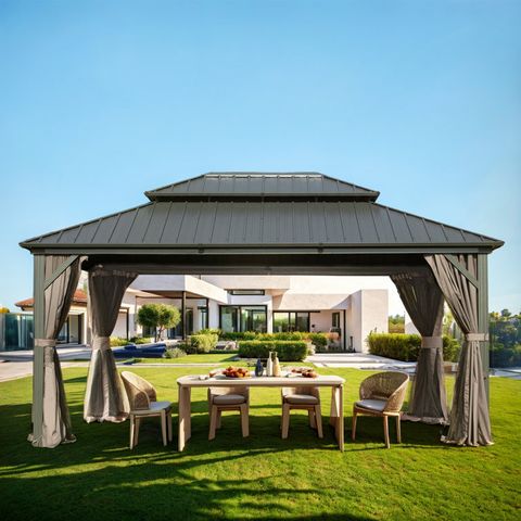 Domi Outdoor Living Galvanized Steel Patio Gazebo With Overhang Slope ... within Galvanized Steel Patio Gazebo With Overhang Slope-Design Double Roof