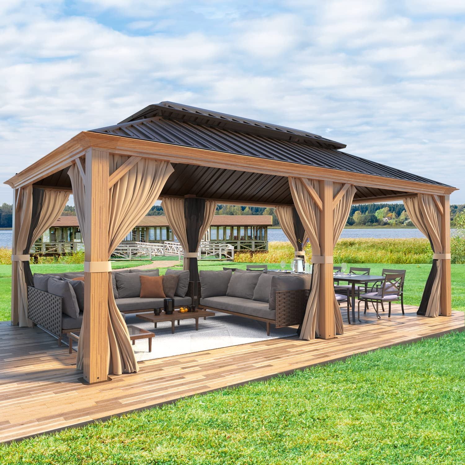 Erommy 12' X 20' Hardtop Gazebo, Wooden Finish Coated Aluminum Frame ... pertaining to Hironobu 20Ft. W X 12Ft. D Outdoor Cedar Framed Gazebo With Steel Hardtop Permanent Wooden Finished Pavilion