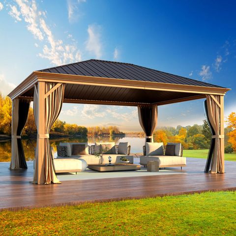 Erommy 16 Ft. W X 12 Ft. D Aluminum Patio Gazebo & Reviews | Wayfair within Hironobu 20Ft. W X 12Ft. D Outdoor Cedar Framed Gazebo With Steel Hardtop Permanent Wooden Finished Pavilion