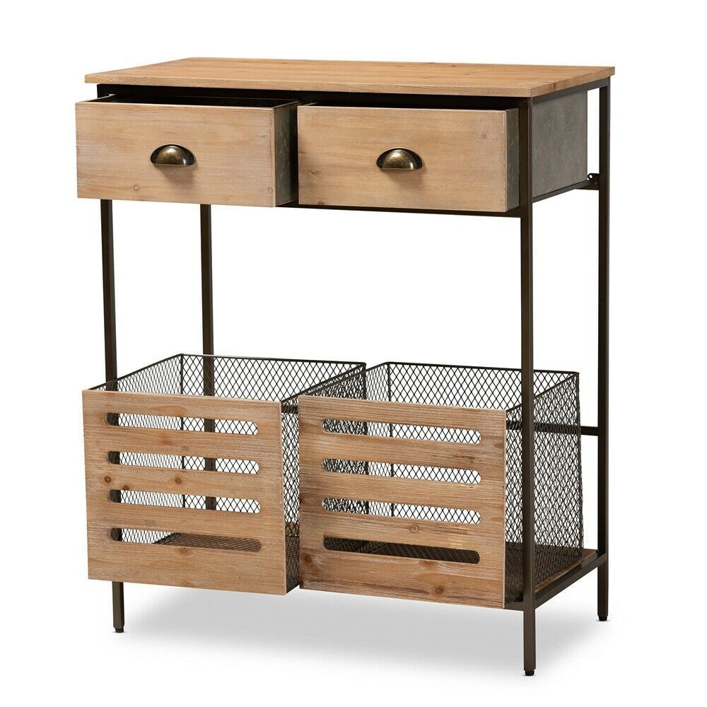 Farmhouse Industrial Oak Brown Wood Black Metal 2 Drawer Kitchen ... throughout A Closer Look at Bouck Rustic Industrial Oak Brown Wood Kitchen Cart Features