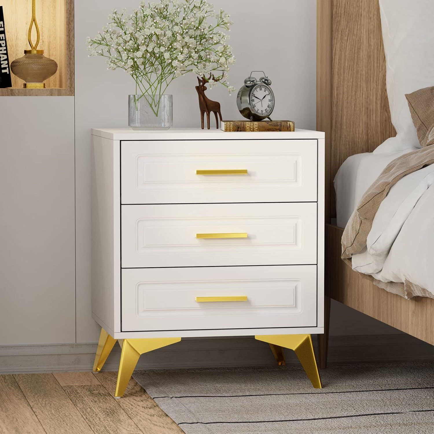 Giluta White Nightstand With Drawers, Modern Bedside Table With Gold ... in  Pine