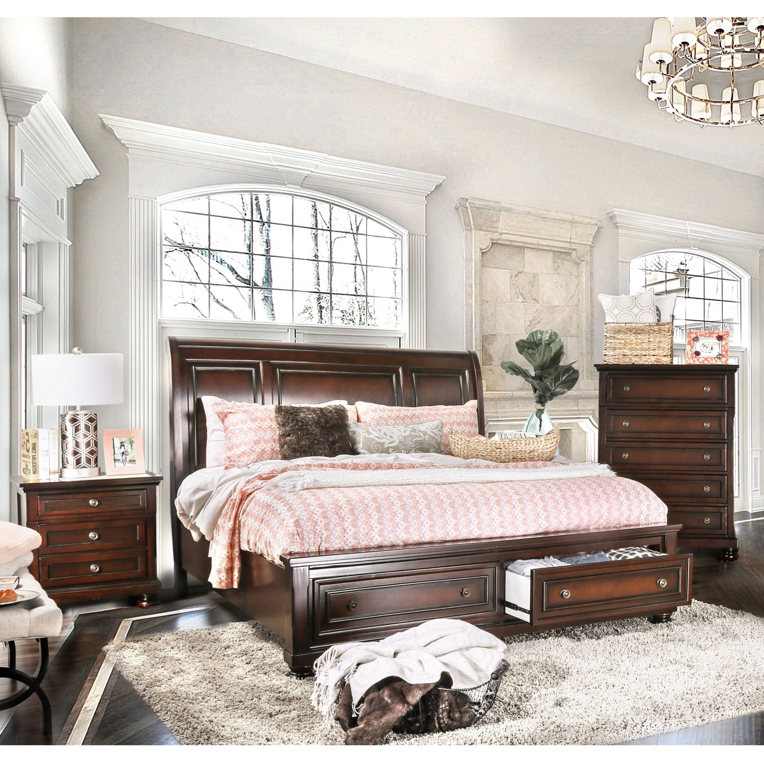 Gracewood Hollow Yep Cherry (Red) Finish Solid Wood 3-Piece Bedroom Set ... throughout Felipe Driftwood Queen Wood Platform 3 Piece Bedroom Set With 2 1-Drawer C Tables