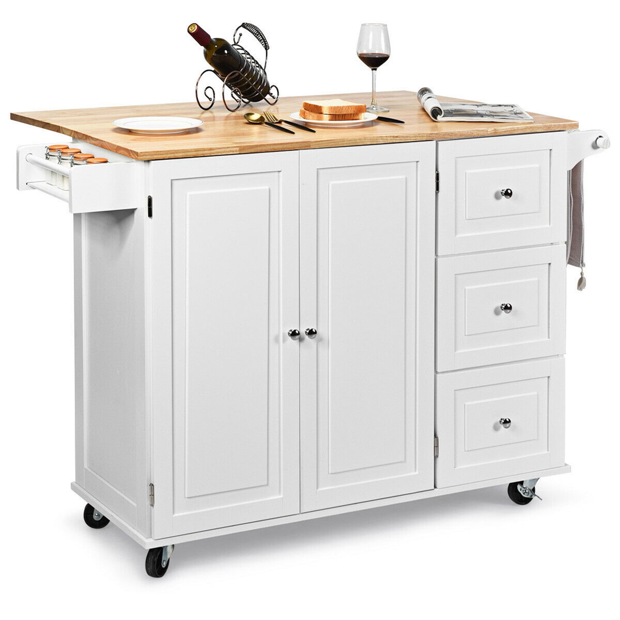 Gymax Drop-Leaf Kitchen Island Trolley Cart Wood Storage Cabinet W ... with regard to Chic Kitchen Island Cart With White Frame, Storage Cabinet &amp; Natural Wood Top