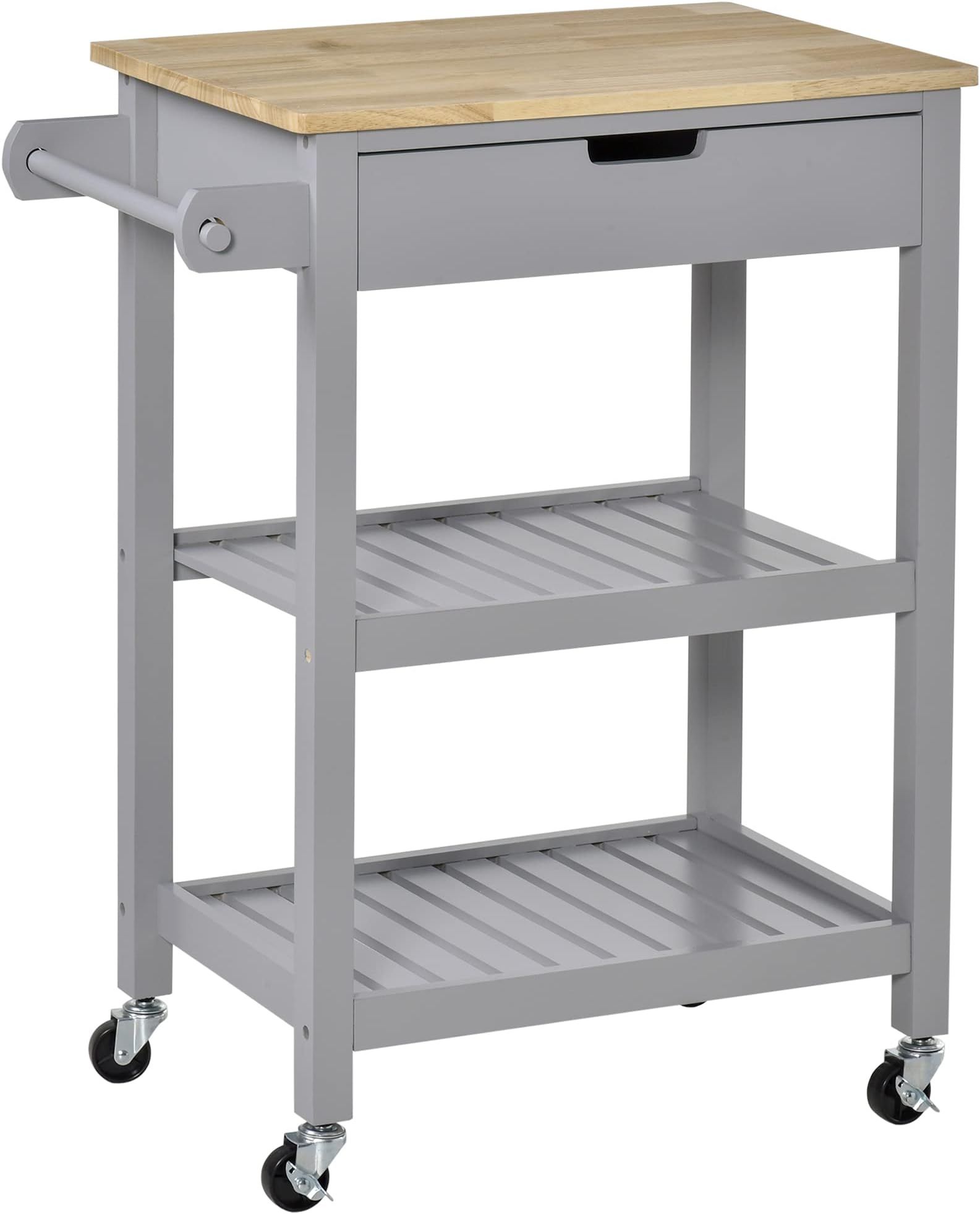 Homcom Rolling Kitchen Cart With Rubber Wood Top, Utility Storage Cart ... with regard to Classic Kitchen Cart, Slatted Shelf &amp; 2 Drawers With Golden Hardware, Light Oak