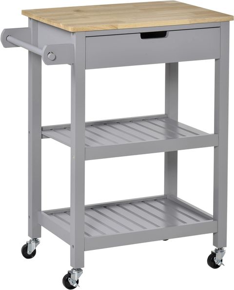 Homcom Rolling Kitchen Cart With Rubber Wood Top, Utility Storage Cart ... with regard to Classic Kitchen Cart, Slatted Shelf & 2 Drawers With Golden Hardware, Light Oak