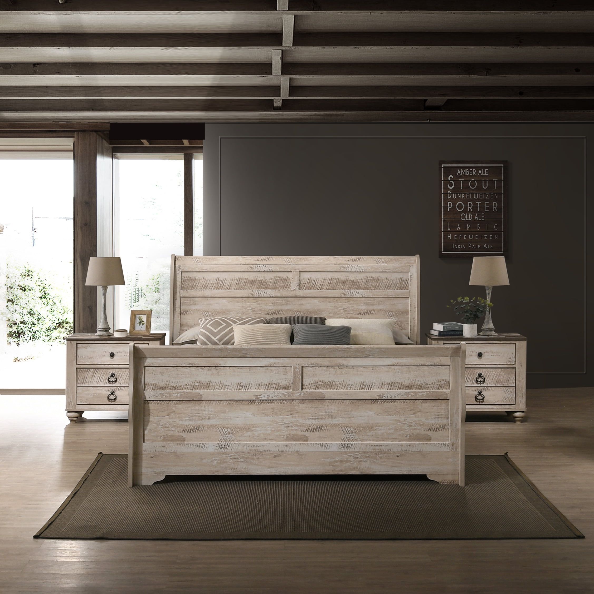 Imerland White Wash Finish 3-Piece Bedroom Set-Sleigh Bed And Two ... with Cassie White Queen Wood 3 Piece Bedroom Set