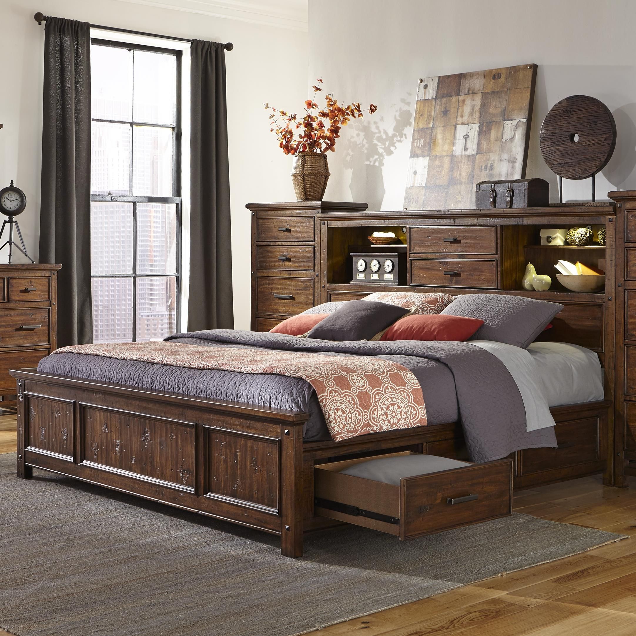 Intercon Wolf Creek Queen Bookcase Bed With Storage Rails | Wayside ... with regard to Larkin Espresso Queen Wood Storage 3 Piece Bedroom Set With Chest &amp; Nightstand