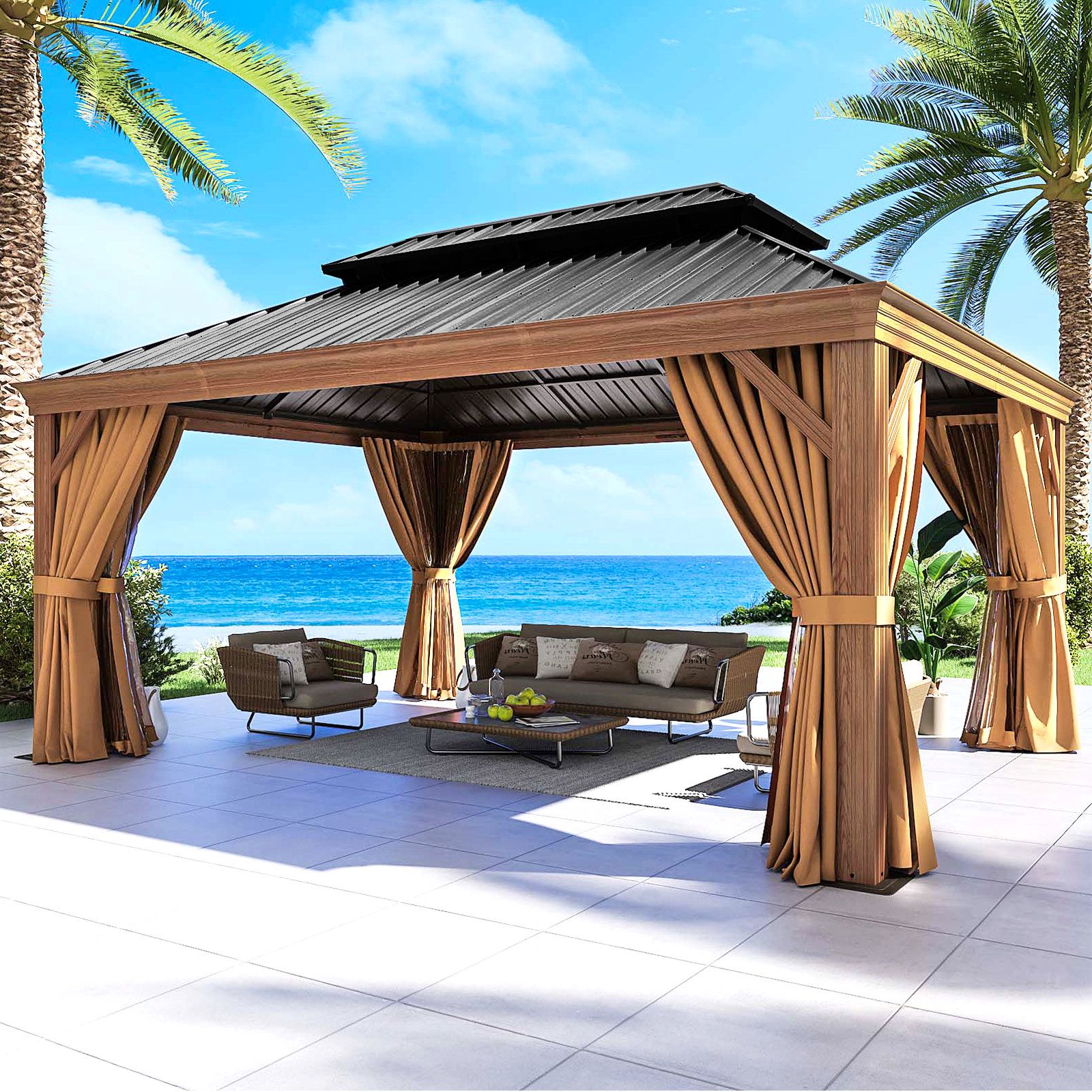 Jolydale 16Ft. W X 12Ft. D Outdoor Cedar Framed Gazebo With Steel ... in Kawon 16Ft. W X 12Ft. D Outdoor Cedar Framed Gazebo With Steel Hardtop Permanent Wooden Finished Pavilion