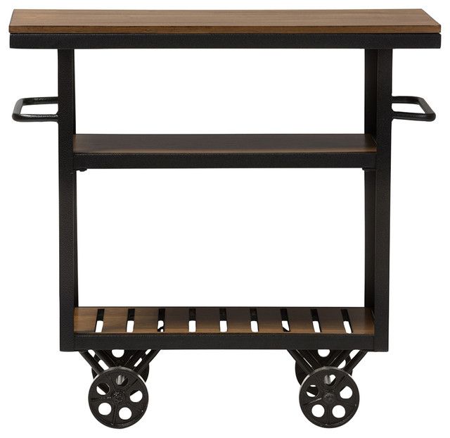 Kennedy Rustic Antique Black Textured Metal Distressed Wood Mobile ... within Aldric Distressed Tobacco Industrial Serving Cart