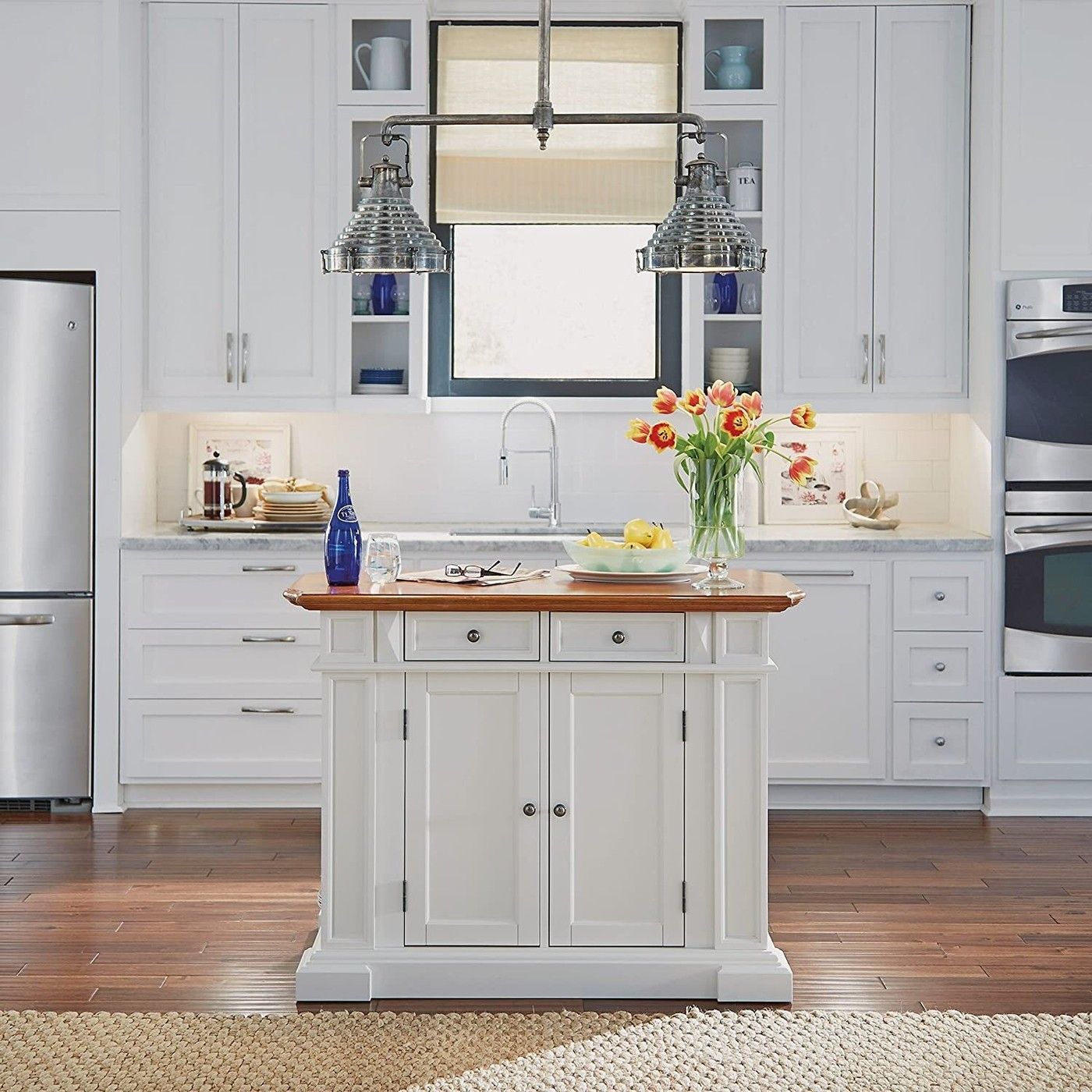 Kitchen Island Breakfast Bar - Visualhunt with Classic Kitchen Island, Deep Gray Frame With Side Shelves &amp; Distressed Oak Top