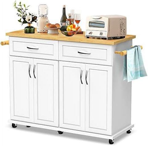 Kitchen Island Cart On Wheels With Cabinet Rubberwood Countertop ... with Benzara Bm251231 Kitchen Island With 4 Caster Wheels, Black And White