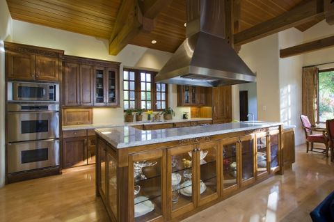 Kitchen Stratosphere: Natural Wood Kitchen With Glass-Faced Kitchen Island pertaining to Classic Kitchen Island, Framed Doors With Natural Wooden Top, Vintage Mahogany