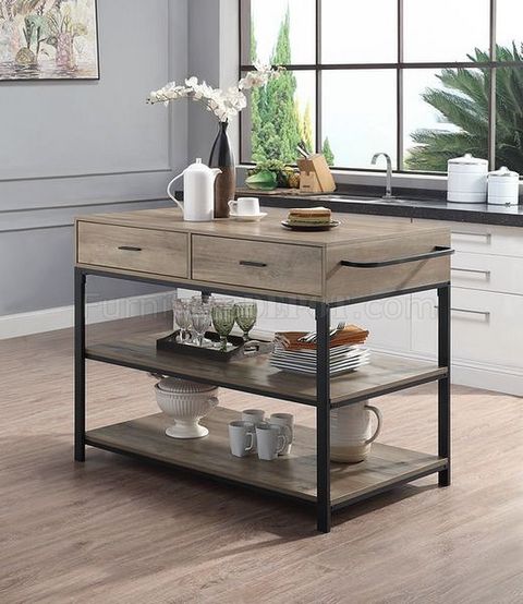 Macaria Kitchen Island Ac00403 In Rustic Oak By Acme pertaining to Acme Macaria Kitchen Island W Caster Rustic Oak And Black Finish
