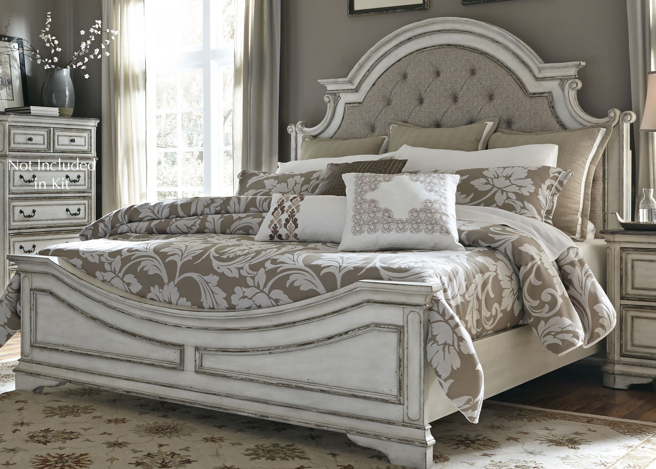 Magnolia Manor Antique White Upholstered Panel Bedroom Set, 244-Br-Qub ... with regard to Porto King Upholstered Storage 3 Piece Bedroom Set With 2 Voyage Natural 1 Drawer Nightstands By Nate Berkus + Jeremiah Brent