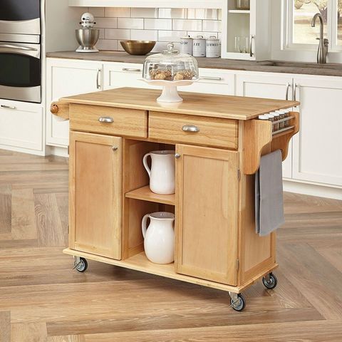 Natural Wood Finish Kitchen Island Cart With Locking Casters In 2021 ... intended for Classic Kitchen Island Cart With Cabinet, 3 Drawers And Locking Casters