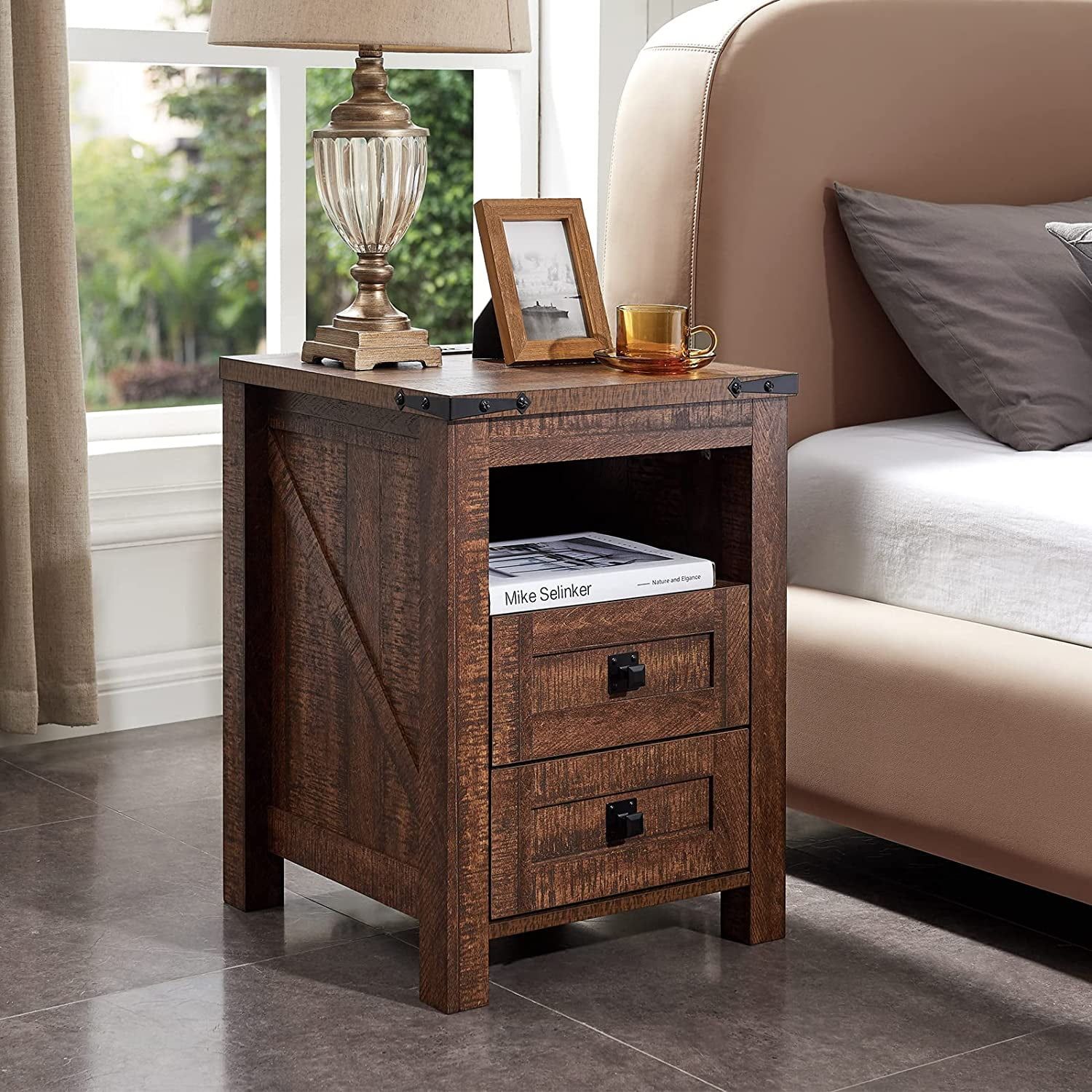 Okd Modern Farmhouse 2- Drawer Nightstand With Charging Station For ... inside  Pine