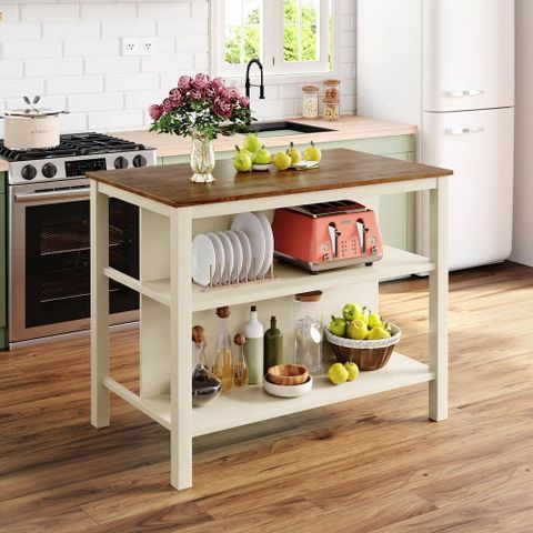 Polibi 45 In. Rectangle Rustic Walnut Wood Top With Cream White Wood ... throughout Understanding the Britton Kitchen Island's Design and Functionality